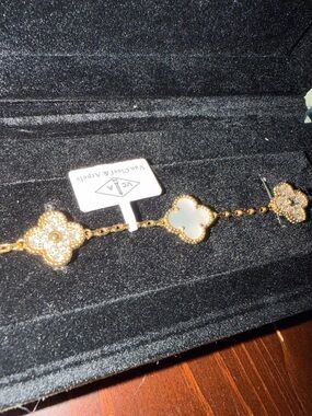 Van Cleef & Arpels Gold and White Alhambra Clover Bracelet